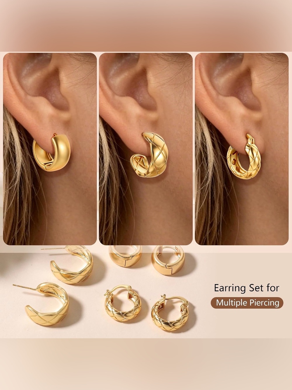 3 pairs of high quality 14k Gold plated Hoop Earring Set for Women